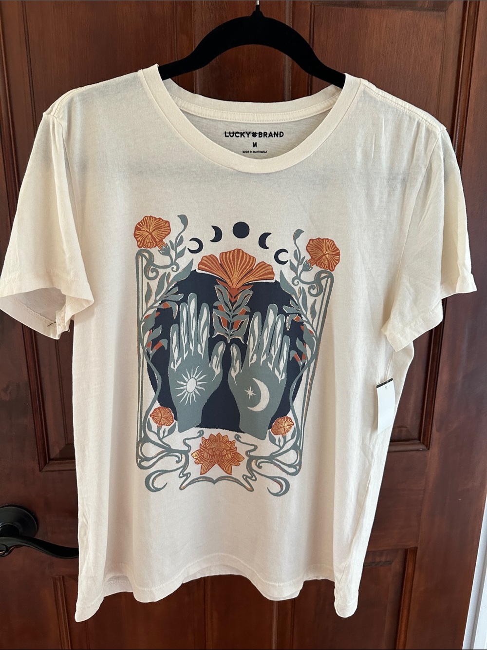 Lucky Brand Boho Cream Tee with Blue and Metallic Celestial Graphic - NWT